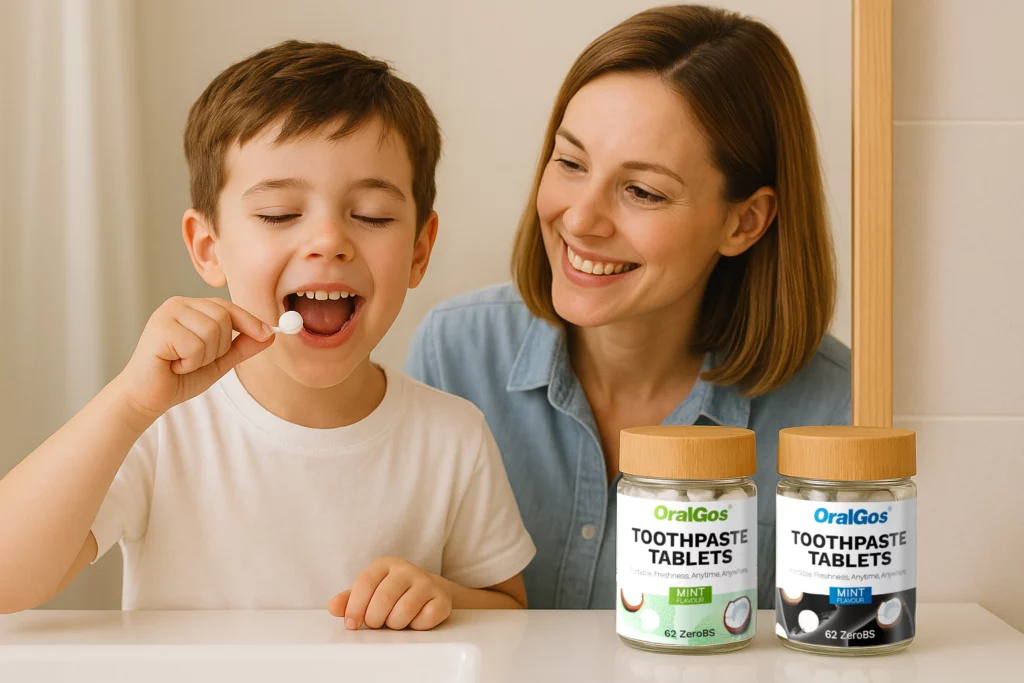 A happy family using OralGos Toothpaste Tablets at home.
