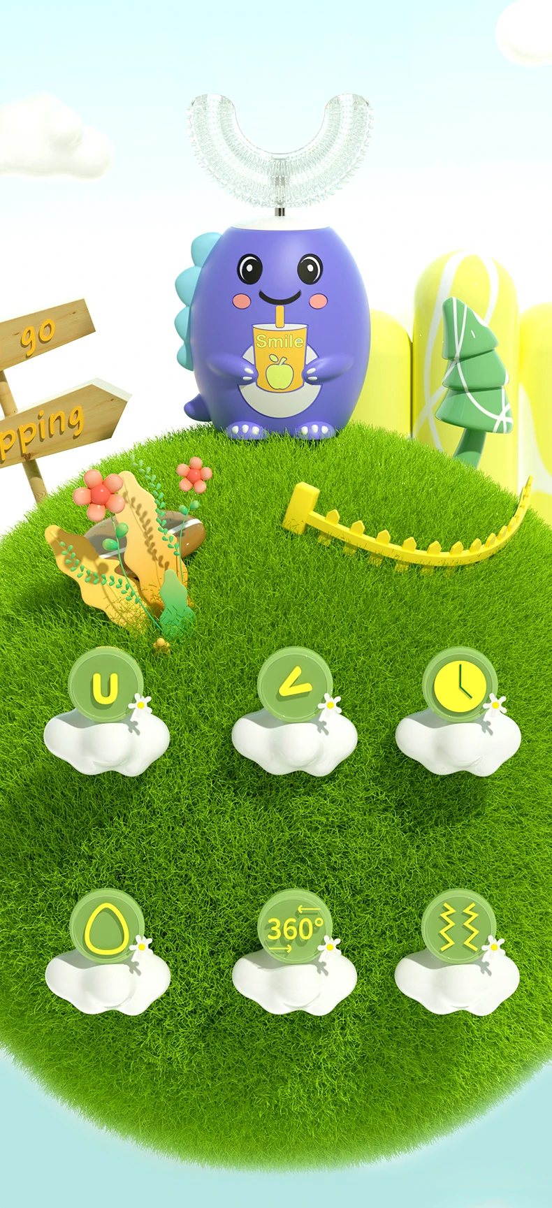 OralGos DB209 Dinosaur-Themed U-Shaped Electric Toothbrush