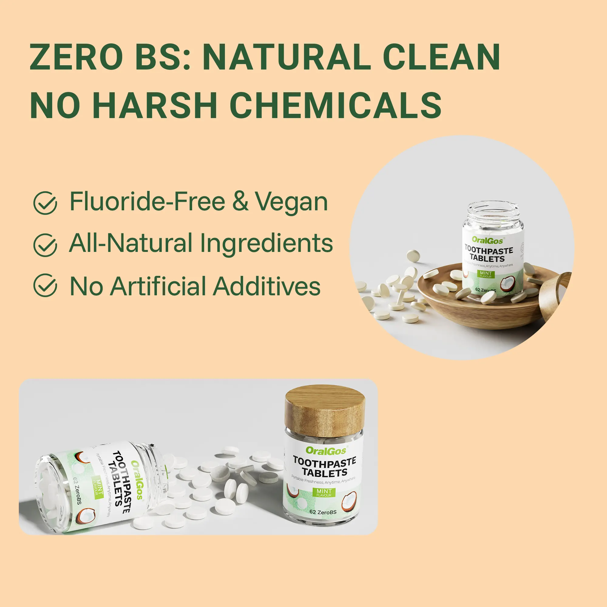 OralGos ZeroBS Toothpaste Tablets – Mint Flavor, Fluoride-Free