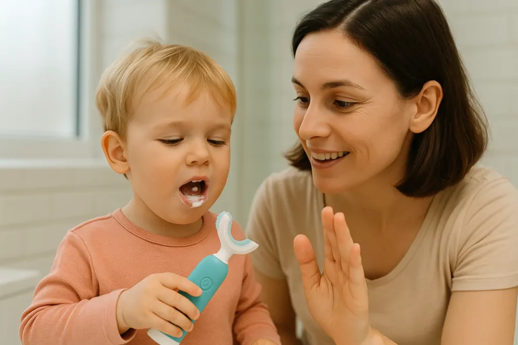 Toddlers practice brushing their teeth with toothpaste while parents guide them.