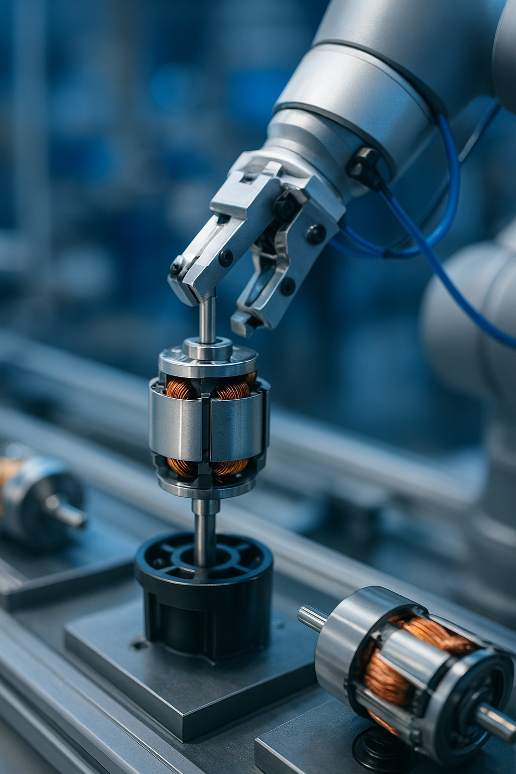 Industrial robotic arm assembling an electric motor on a factory production line.