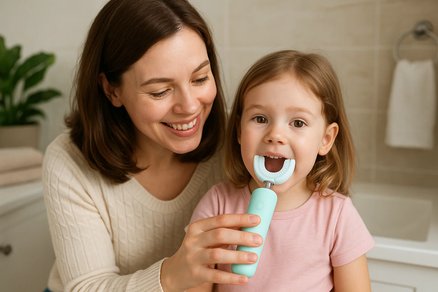 Mother helping child use U-Shaped Toothbrush for Sensitive Gums
