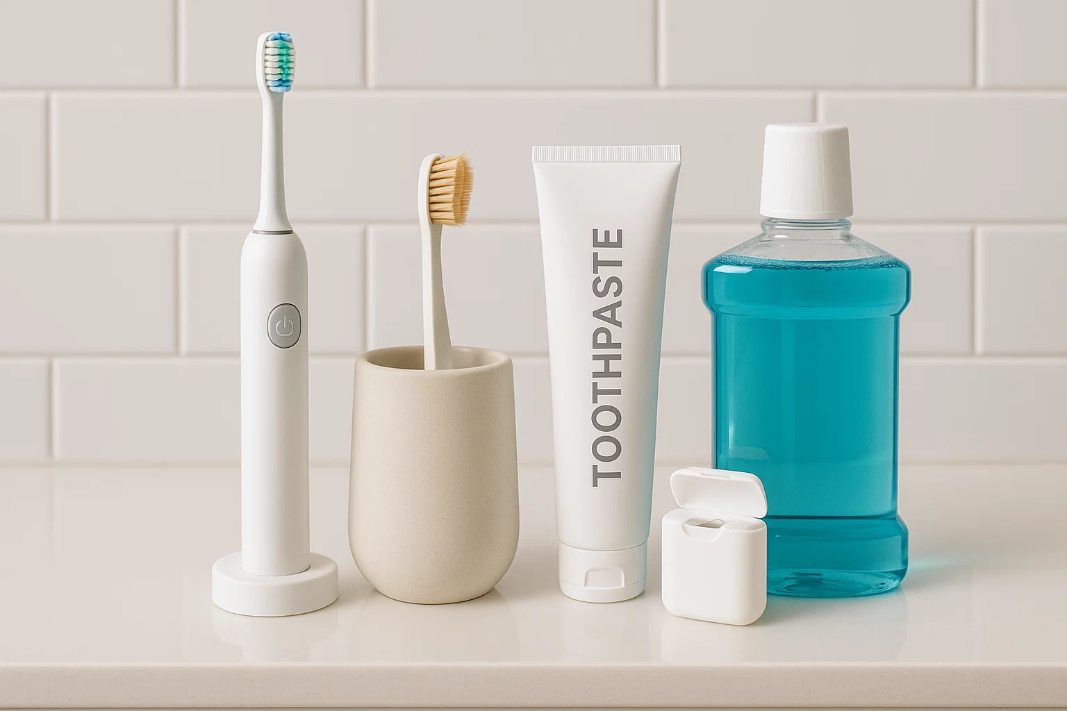 Bathroom counter with toothbrushes, toothpaste, floss, and mouthwash