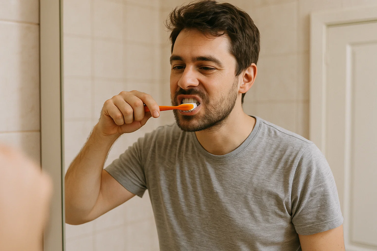 Person brushing teeth with a manual toothbrush in front of a mirror