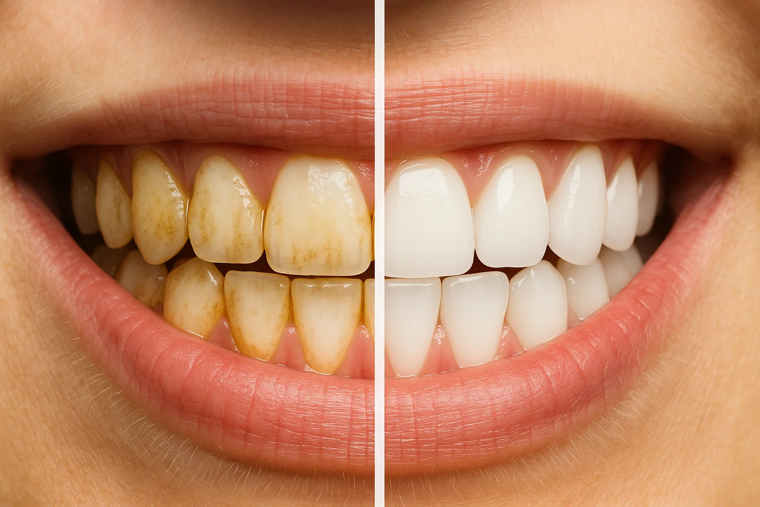 Teeth comparison showing plaque vs clean healthy teeth