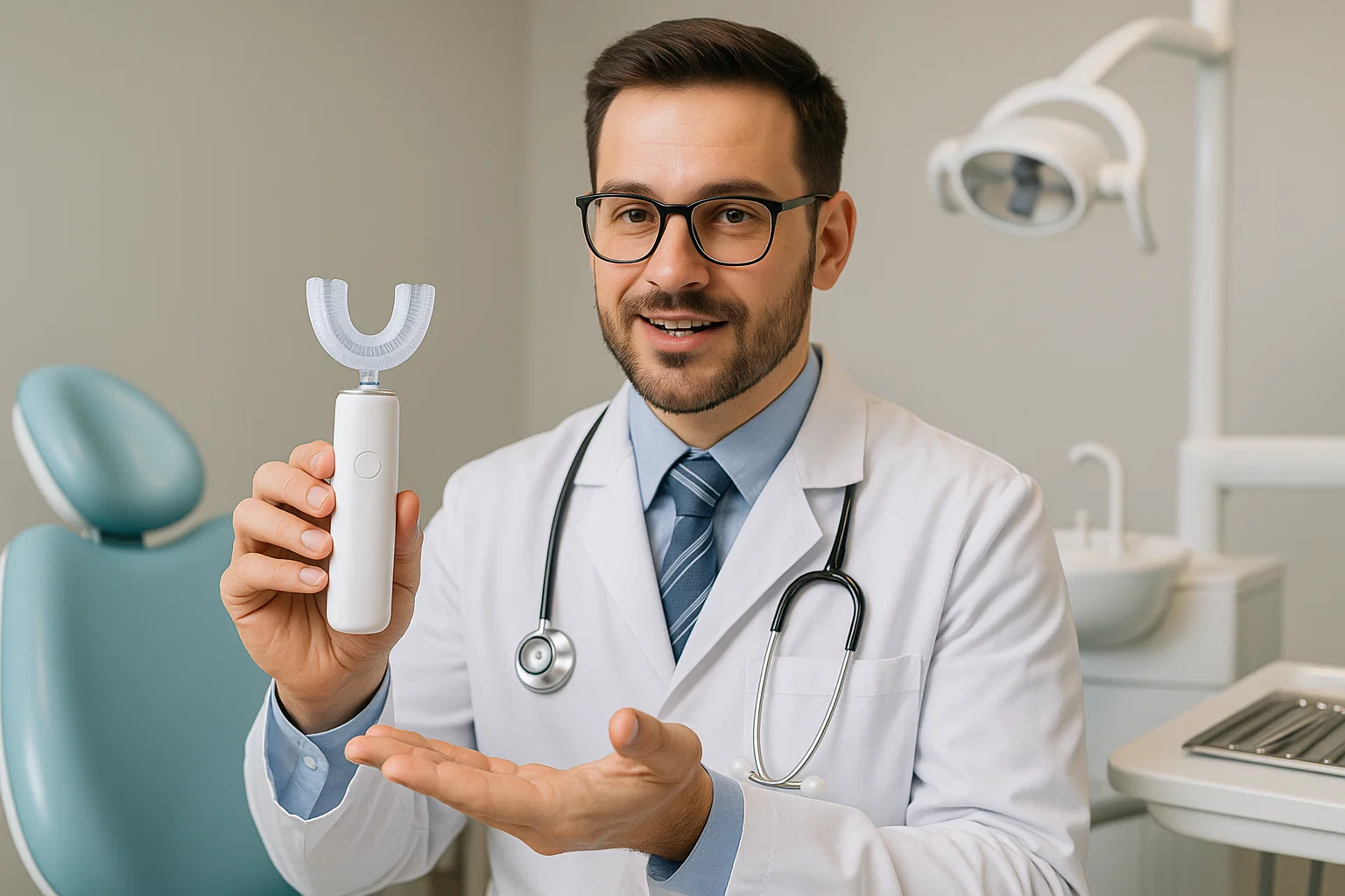 Dentist recommending U-Shaped Toothbrush for Sensitive Gums in clinic