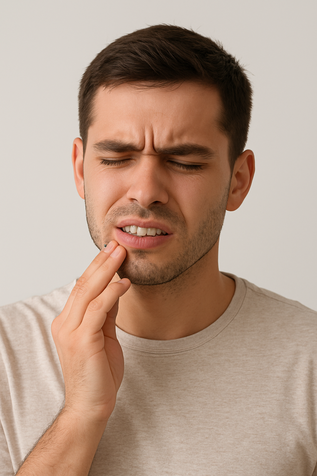 Young person with sensitive gums gently touching mouth