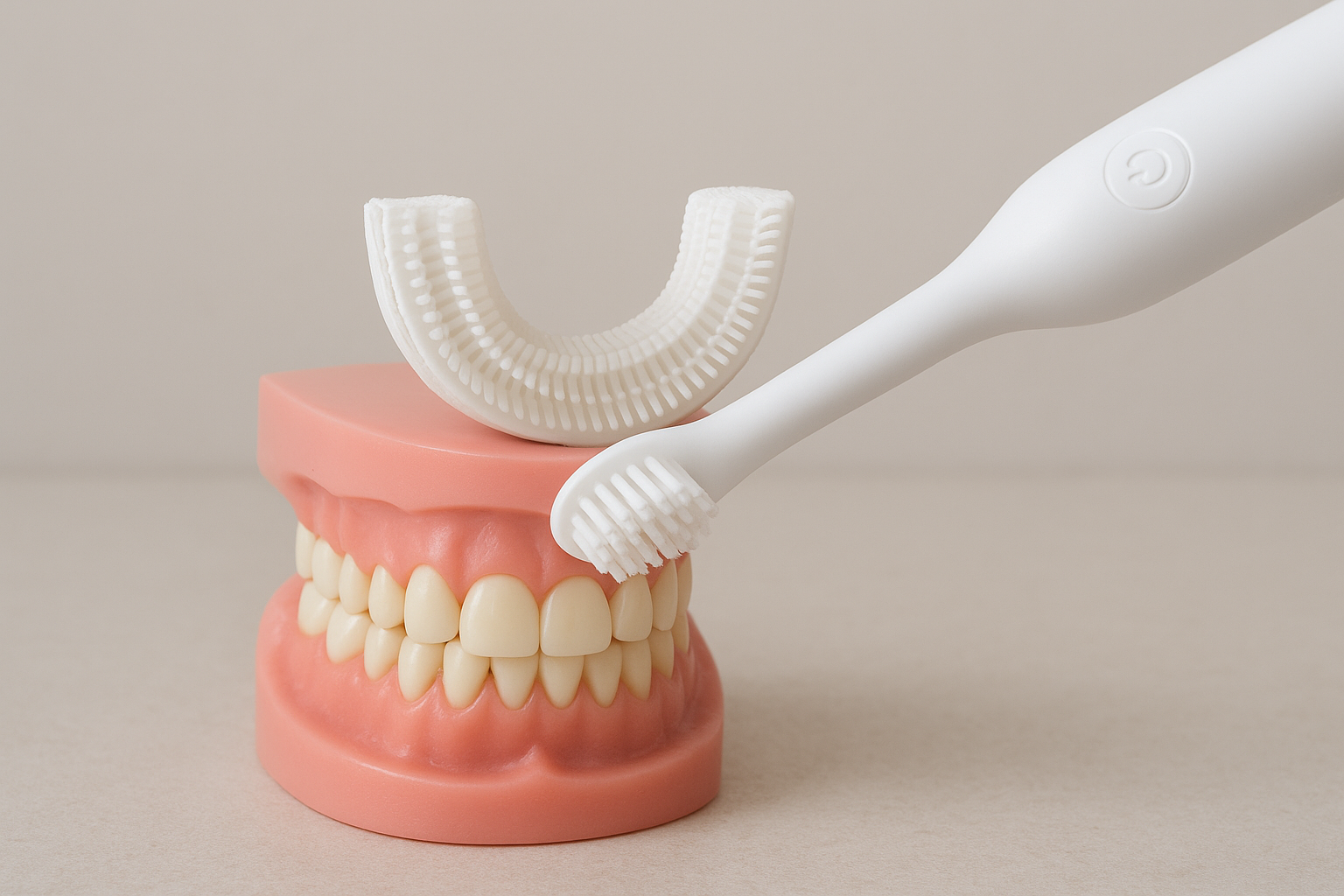 U-Shaped Toothbrush cleaning a dental model for sensitive gums