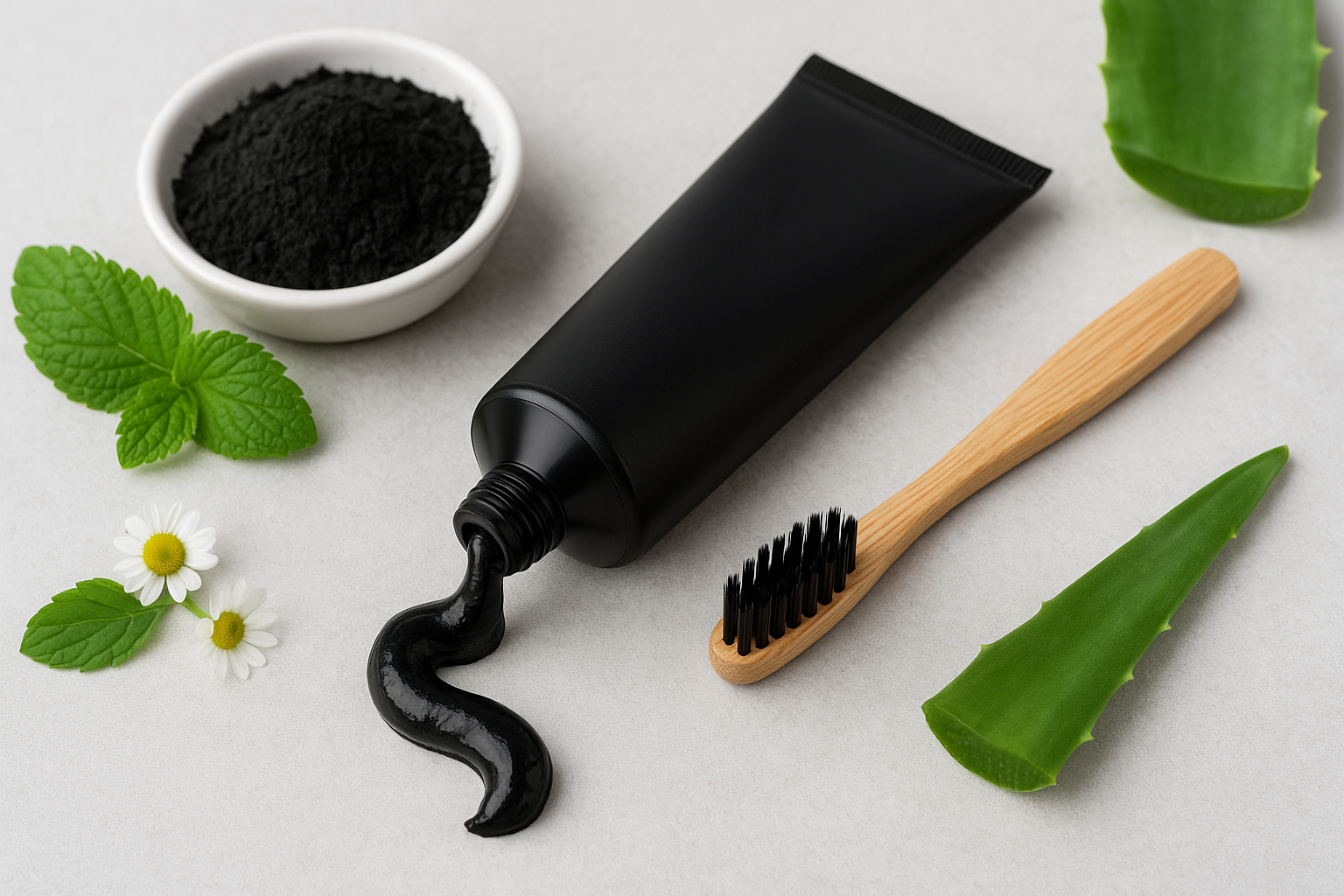 Activated charcoal toothpaste with natural extracts, bamboo toothbrush, and aloe leaf for oral care.