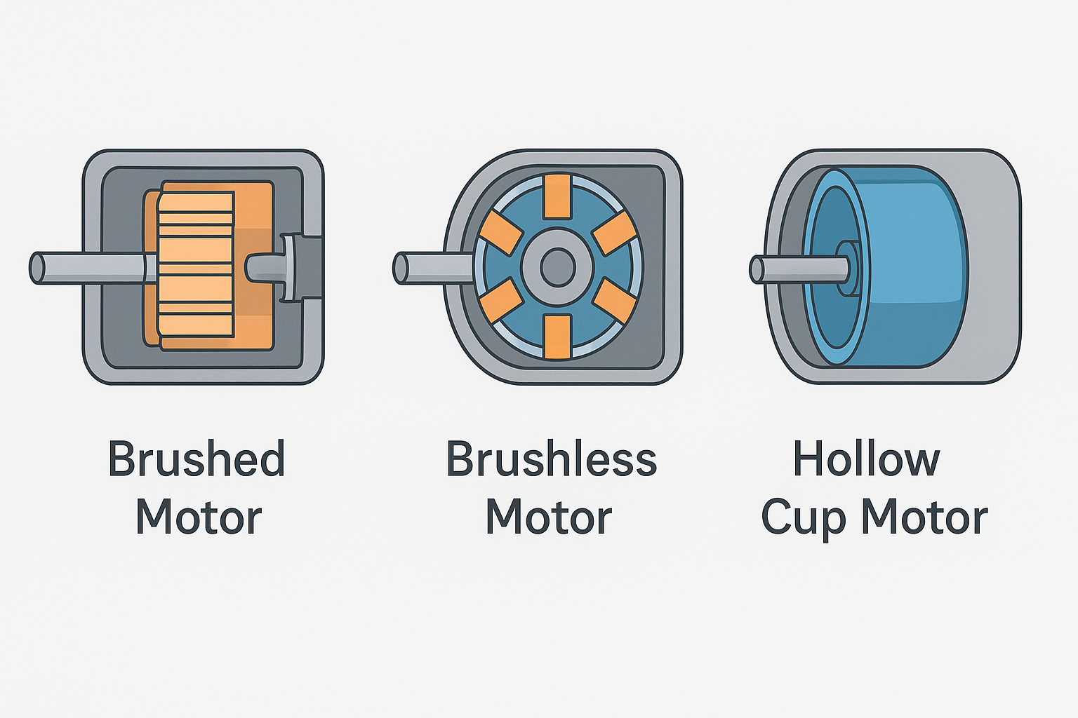 Comparison diagram of brushed, brushless, and hollow cup electric toothbrush motors.