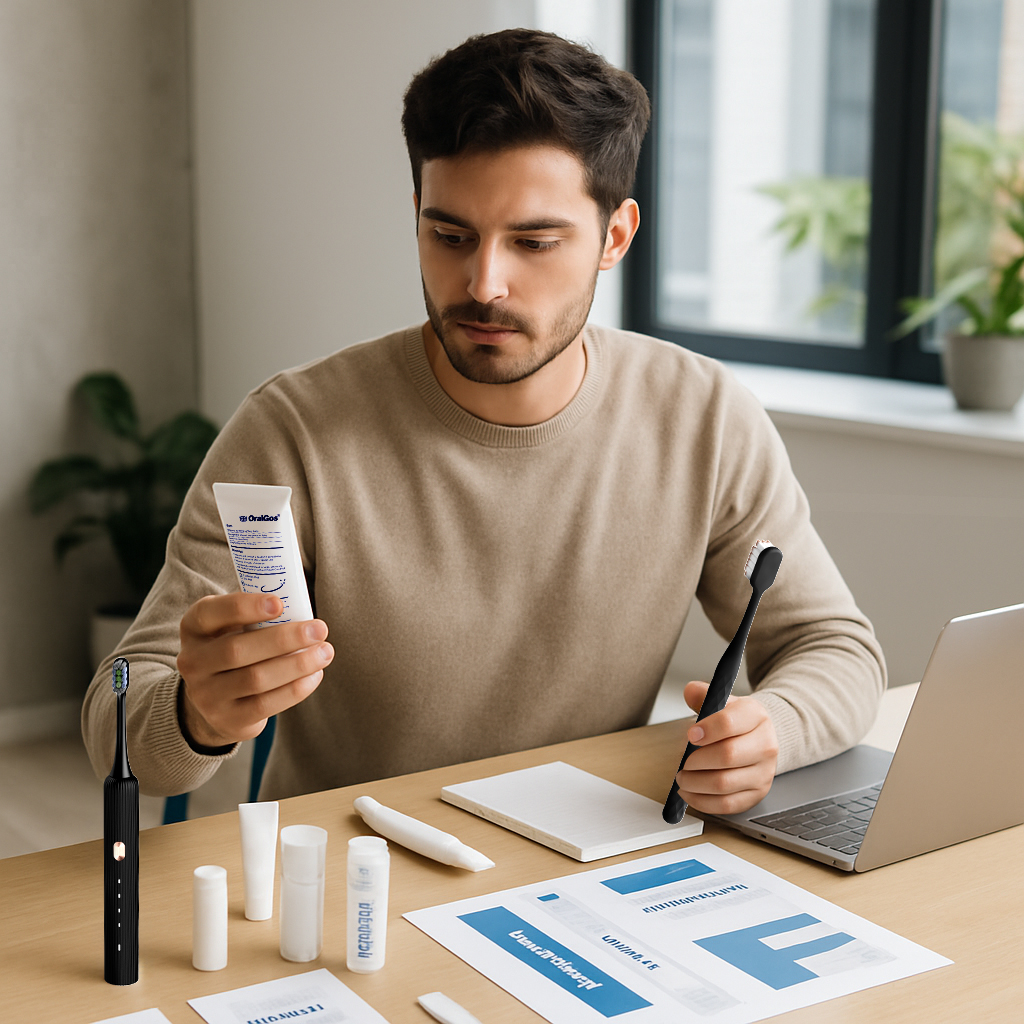 Man examining a tube of OralGos toothpaste at a desk, with various oral care products and an electric toothbrush nearby, next to a laptop.