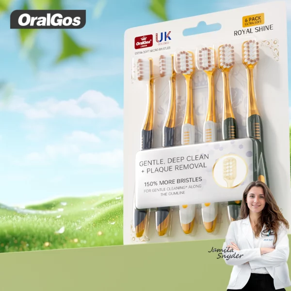OralGos DB099 Royal Shine Ultra Soft Toothbrush – 150% More Bristles for Gentle Gum Care (6-Pack)