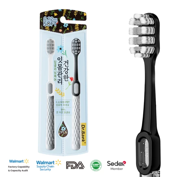 Dr. Baek 20101 Antibacterial Silver Ion Toothbrush – 0.12mm PBT Ultra-Soft Bristles for Healthy Gum Care