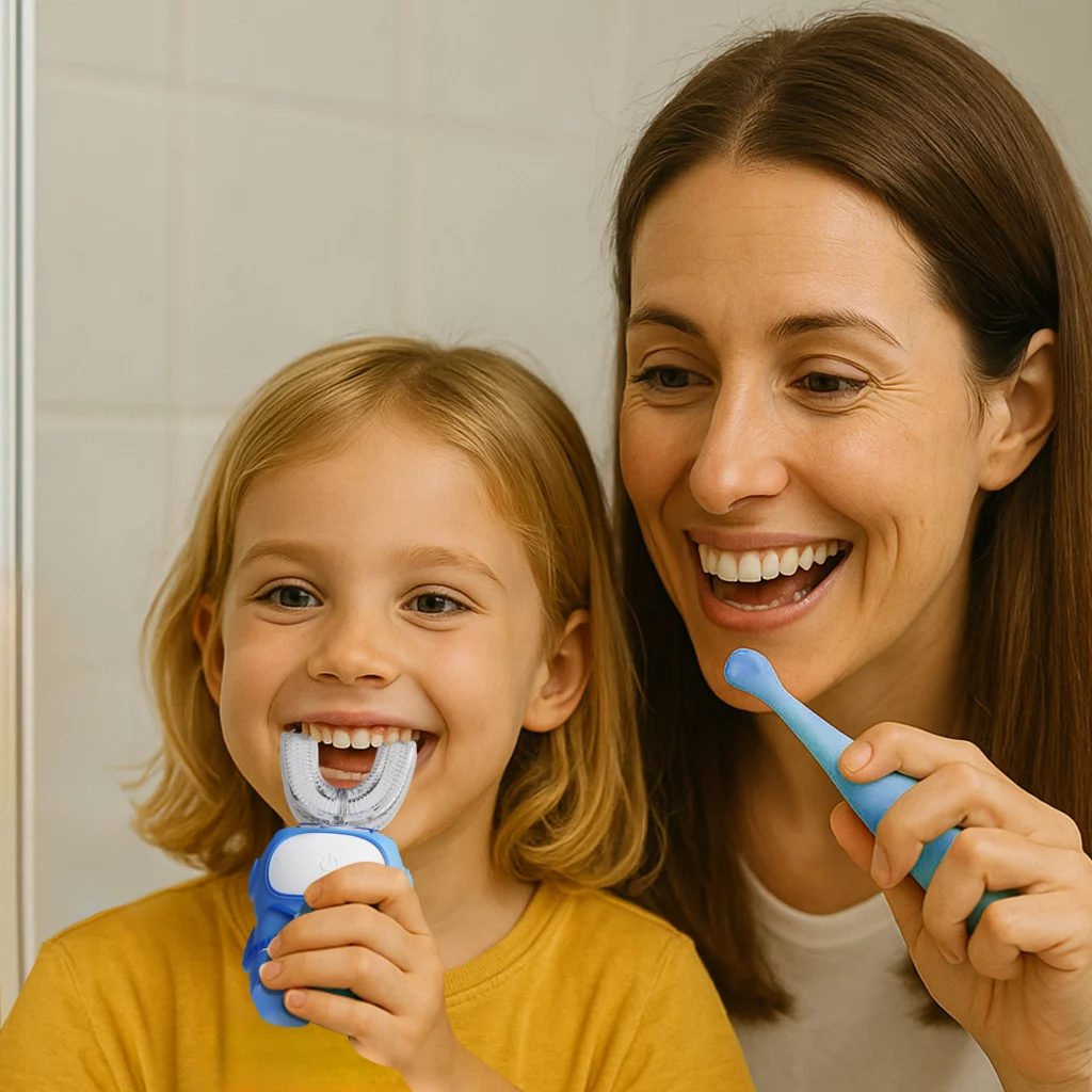 Parents brushing teeth together with their children.