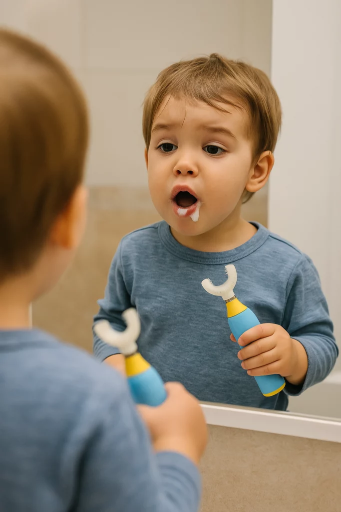 Toddler practicing toothpaste spitting in front of a mirror