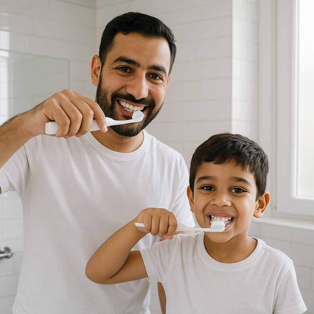مشهد يومي لعائلة مسلمة تستخدم منتجات OralGos للعناية بالفم