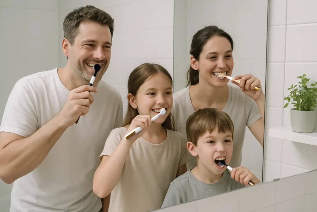 A three sided toothbrush suitable for families, adults and children