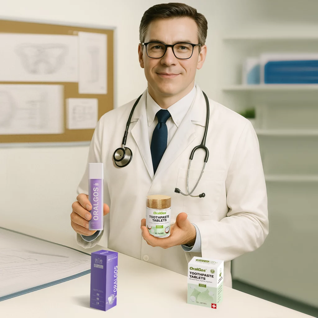 Dentist explaining fluoride toothpaste vs fluoride-free toothpaste