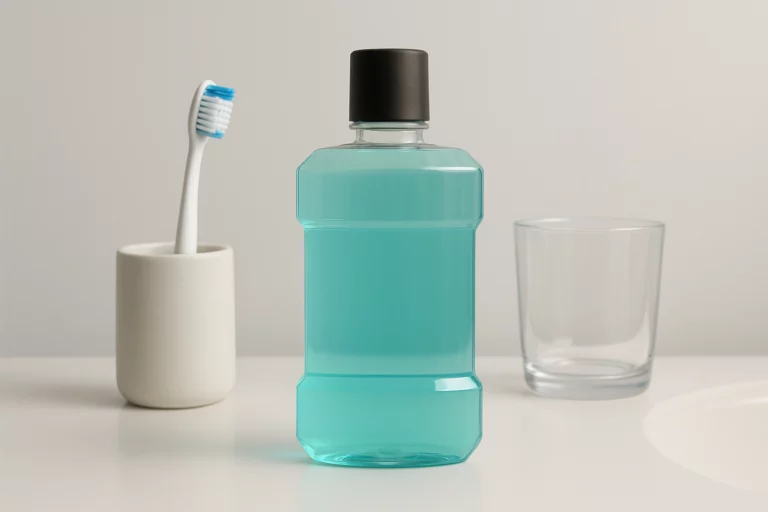 Modern mouthwash bottle with toothbrush and glass on bathroom sink