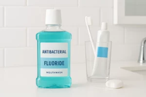Antibacterial mouthwash and oral care tools on a clean bathroom counter for enhanced oral hygiene