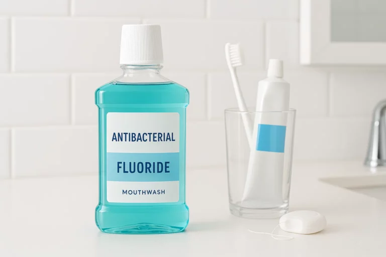 Antibacterial mouthwash and oral care tools on a clean bathroom counter for enhanced oral hygiene