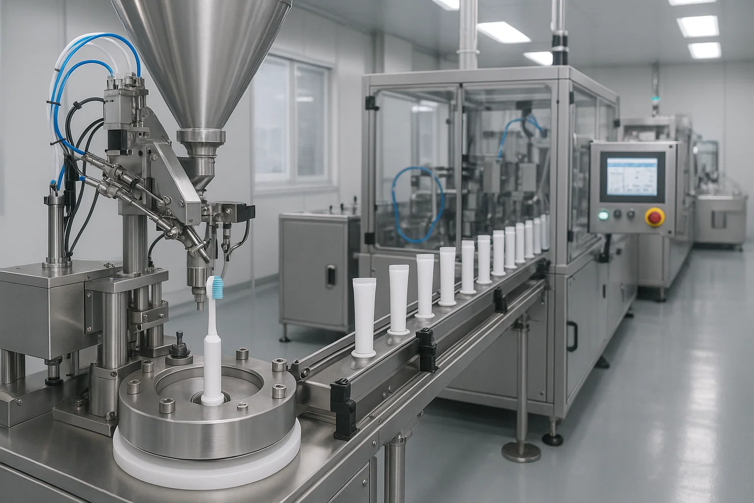 Automated oral care manufacturing line producing toothpaste and toothbrushes.