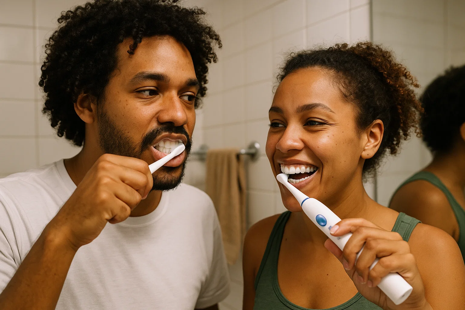 Brazilian consumer brushing teeth with manual and electric toothbrush