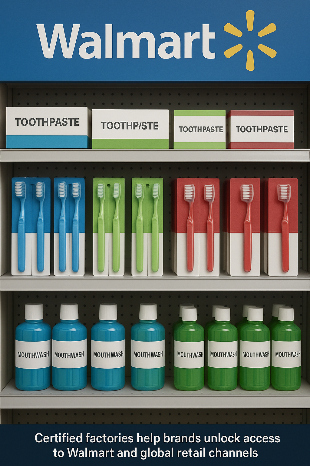 Walmart retail shelves with certified factory oral care products
