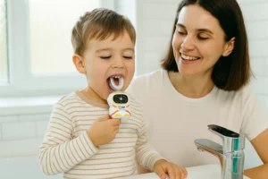 Child using a U-shaped electric toothbrush in a bright bathroom