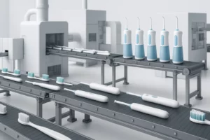 China oral care OEM factory production line with toothbrushes and flossers.