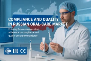 Futuristic oral-care lab highlighting compliance and quality assurance for the Russian market