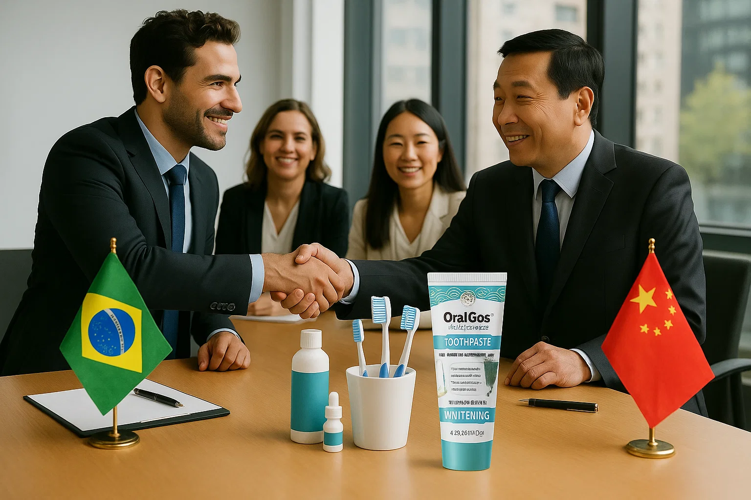 Parceria internacional em cuidados bucais entre empresas brasileiras e globais.