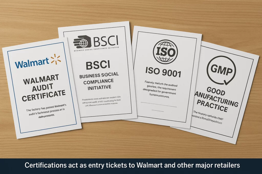 Certified factory certificates including Walmart audit and ISO 9001