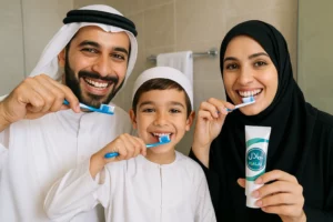 Muslim family brushing teeth with halal-certified toothpaste