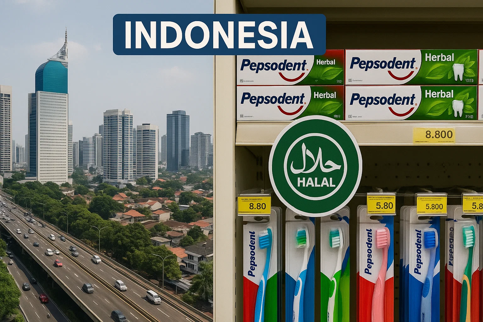 Halal oral care products displayed on supermarket shelves in Indonesia.