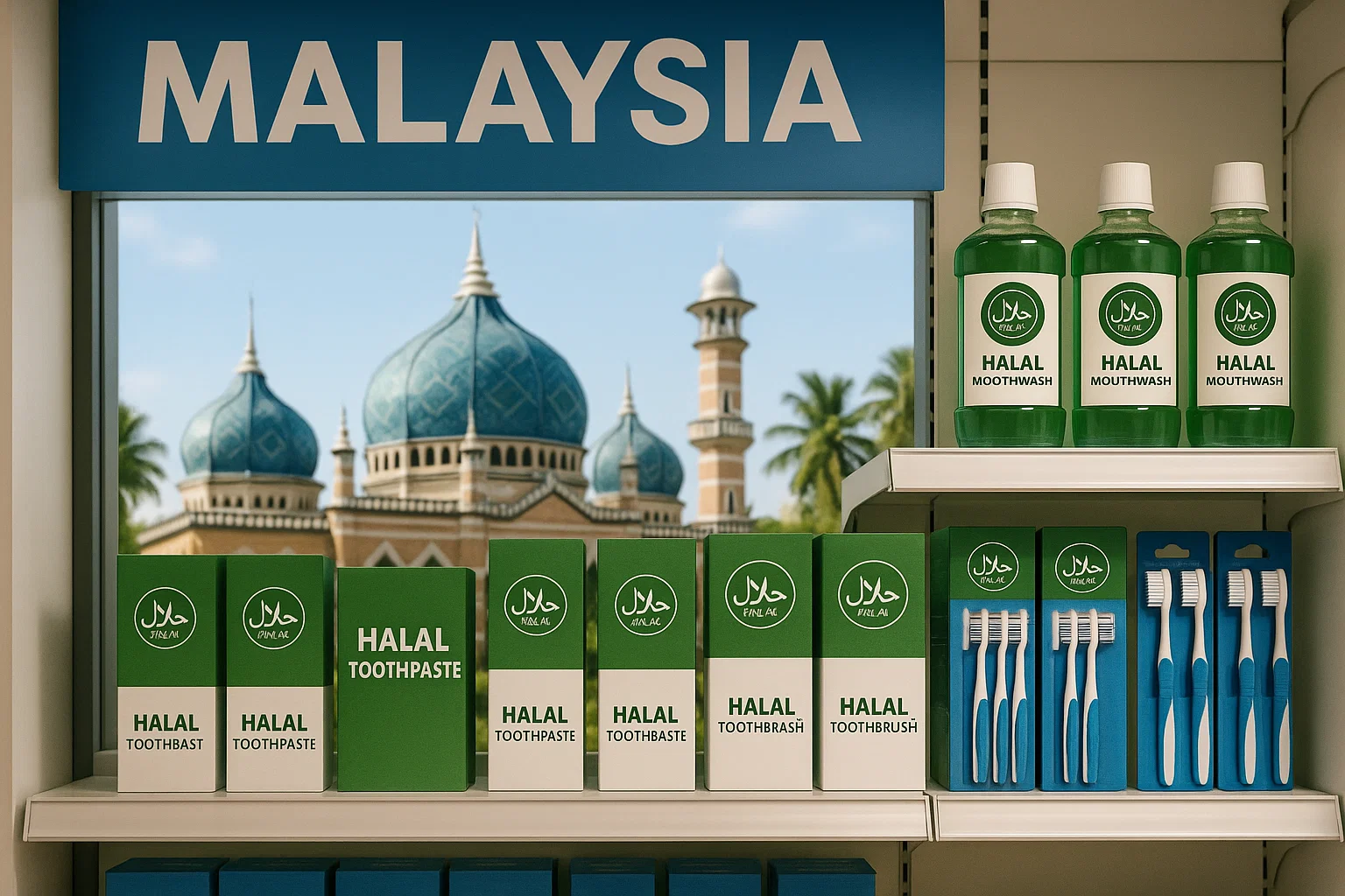 Halal oral care products in a Malaysian pharmacy with visible JAKIM certification.