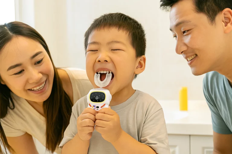 Child brushing teeth with colorful electric toothbrush in bathroom while parents guide happily