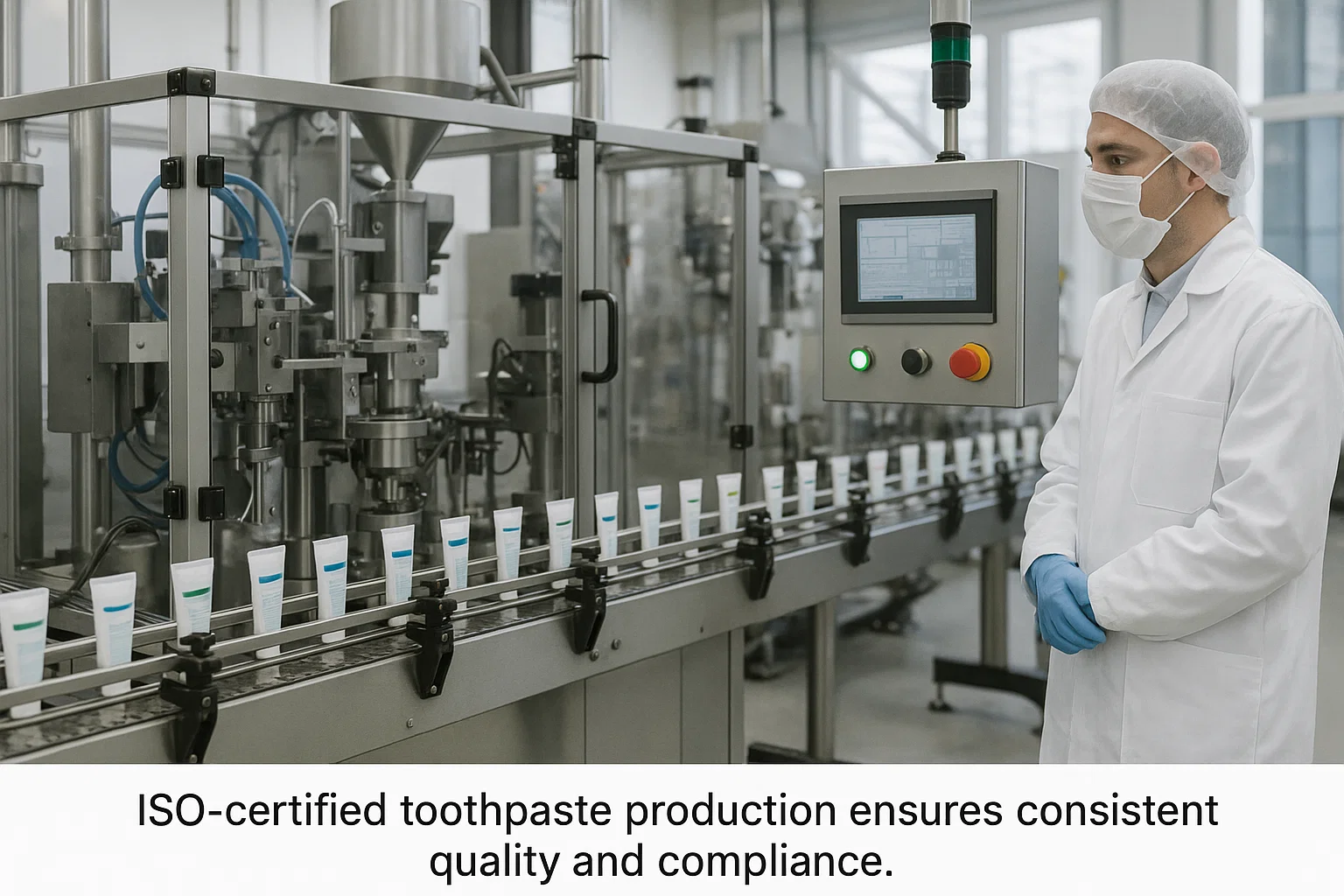 ISO-certified toothpaste manufacturing line with automated machinery
