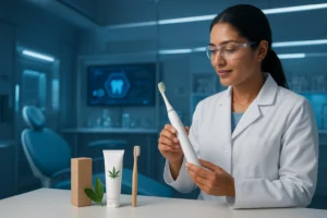 uturistic oral care lab showcasing smart toothbrush and eco-friendly toothpaste