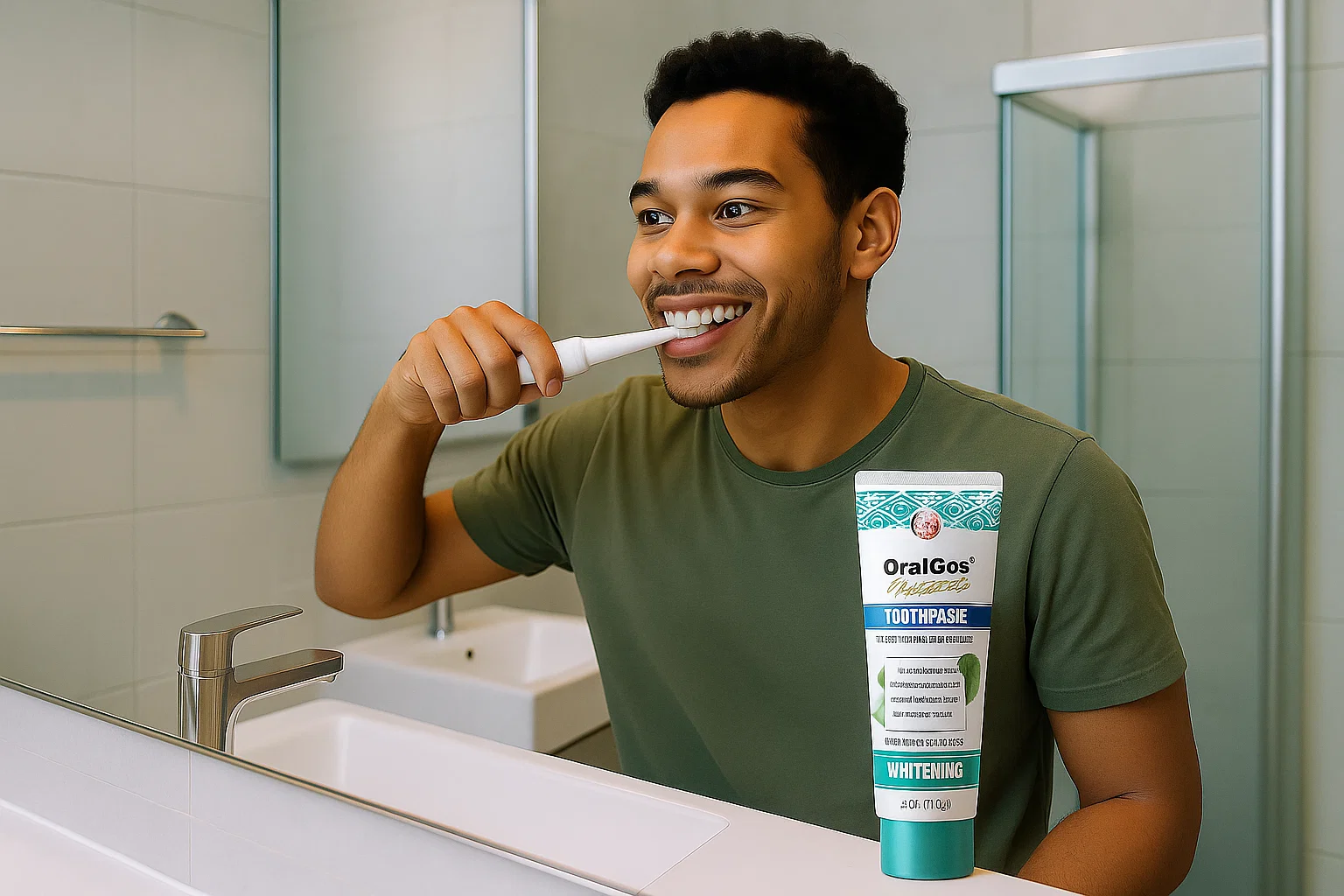 Consumidor brasileiro jovem usando escova de dentes elétrica em um banheiro moderno.