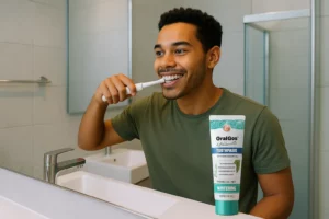 Consumidor brasileiro jovem usando escova de dentes elétrica em um banheiro moderno.