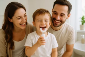 Child brushing with U-Shaped Toothbrush while parents guide