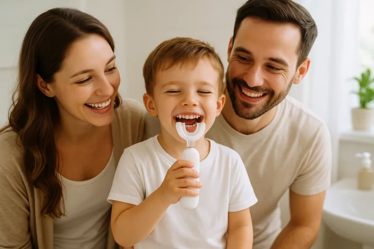 Child brushing with U-Shaped Toothbrush while parents guide