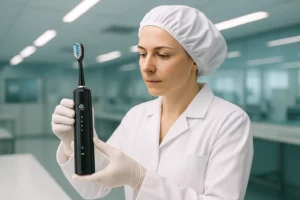 Lab technician inspecting oral care product samples for quality control