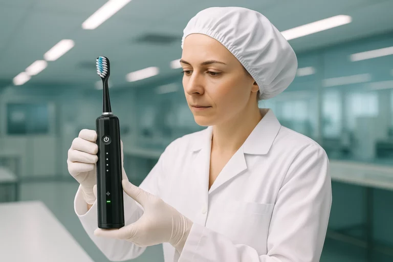 Lab technician inspecting oral care product samples for quality control