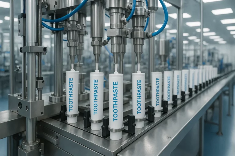 Modern toothpaste manufacturing line filling tubes in a clean factory environment.