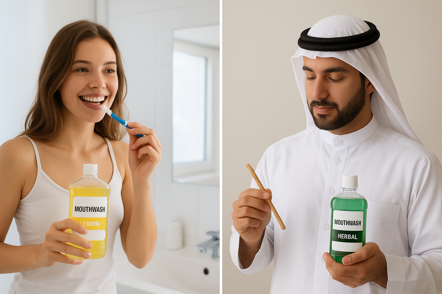 US youth using citrus mouthwash and Middle Eastern herbal mouthwash with Miswak stick