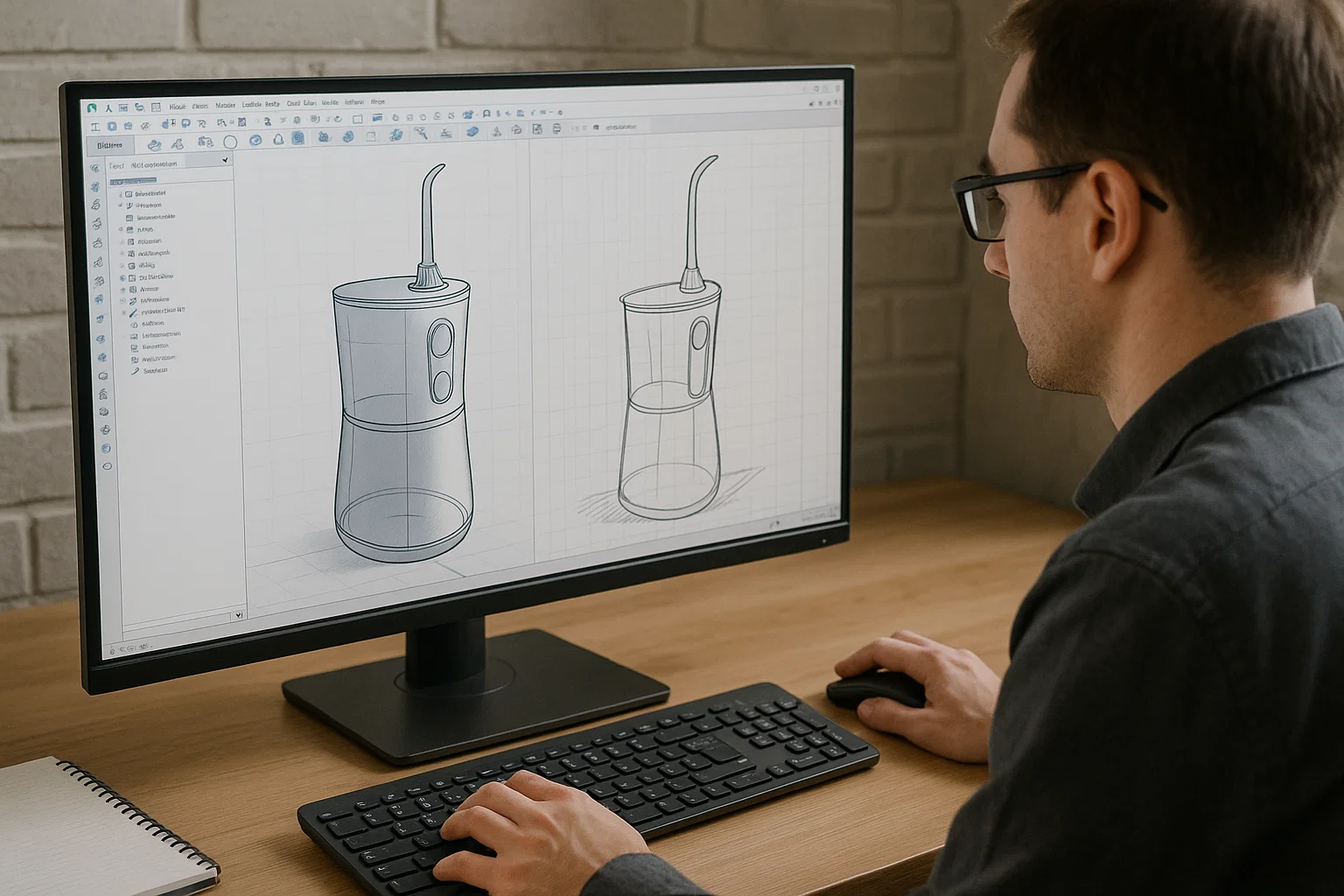 Engineers designing an OEM water flosser with CAD software