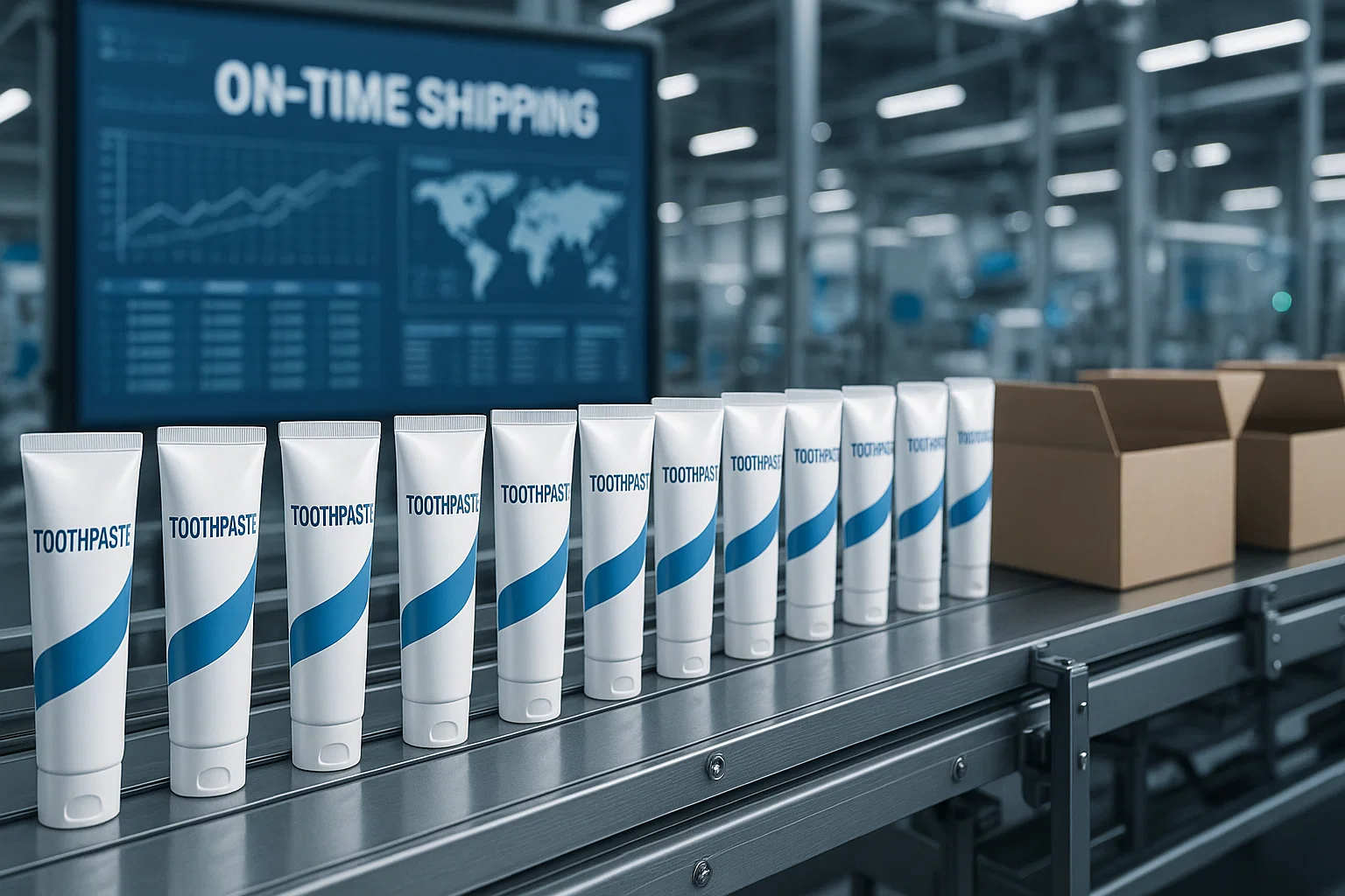EM orders production line ensuring on-time delivery in global supply chain logistics