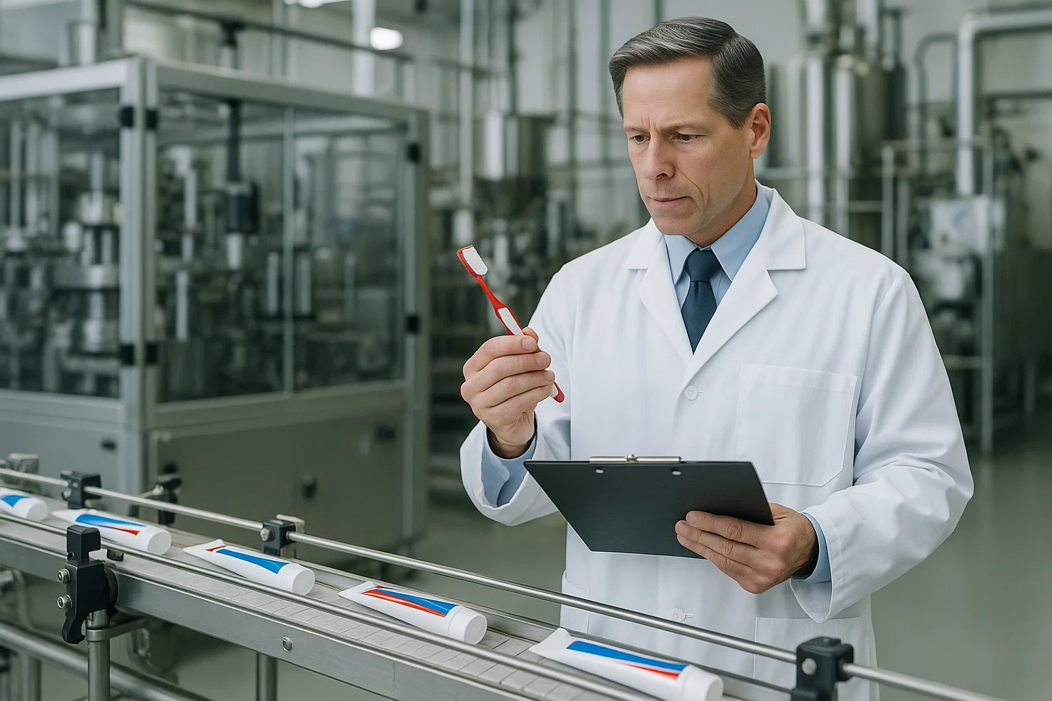 Oral care products undergoing FDA compliance checks in a GMP-certified facility.